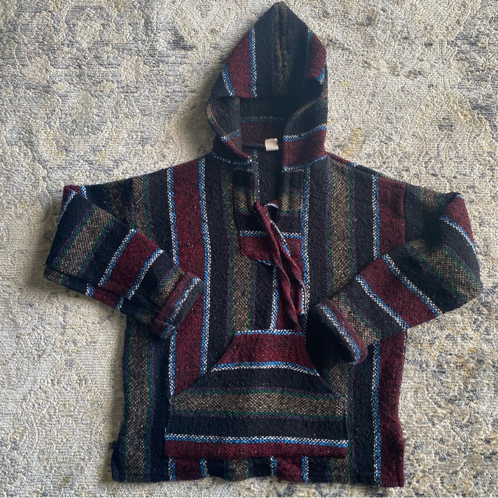 Dark Tone Baja Hoodie Sweater Woven Burgundy Black Mexican